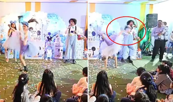 Bailarina quiere lucirse con coreografía, pero le termina dando una patada voladora al payasito