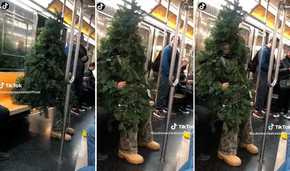 Pasajeros captan a hombre disfrazado de árbol viajando en metro de Nueva York