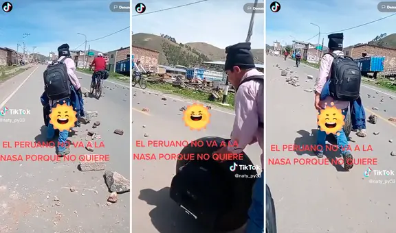 ¡Ingenio peruano! Hombre varado por manifestaciones traslada su pesado equipaje en una rueda