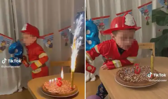Niño se viste de bombero para su cumpleaños, pero se asusta con el fuego de la vela