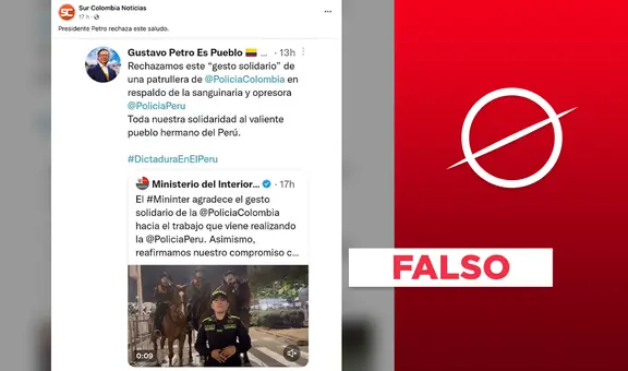 No, Gustavo Petro no rechazó en Twitter el "gesto solidario" de una policía colombiana hacia la PNP