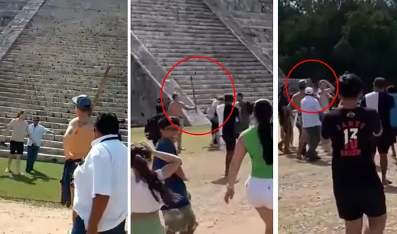 A palazos obligan a turista a bajar de pirámide en Chichen Itzá