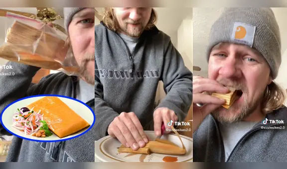 Turista se hace viral por comer el tamal con todo y panca sin saber que debía sacarlo