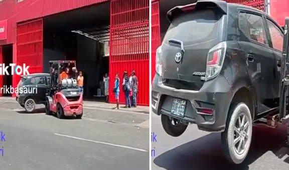 Deja su auto estacionado en la puerta de un almacén y trabajadores lo retiran con un montacarga