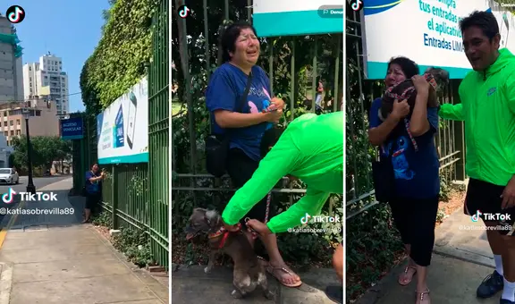 Mujer llora desconsoladamente al ver de nuevo a su perrito que se escapó afuera del Circuito Mágico del Agua