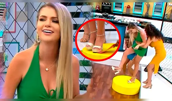 Brunella Horna pasa bochornoso momento en vivo luego de que sus zapatos quedaran pegados al suelo