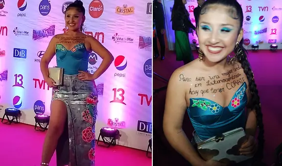 Milena Warthon luce traje hecho a base de reciclaje en Viña del Mar y fuerte mensaje en el pecho