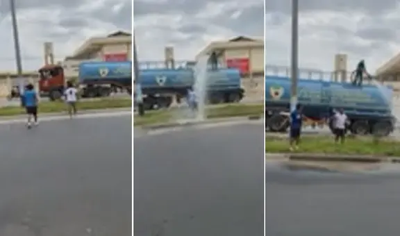 Piuranos no soportan el intenso calor y se ‘bañan’ con agua de camión cisterna