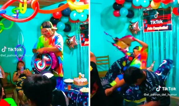 Payasito cae encima de mesa decorada y tira el pastel cuando repartía juguetes de piñata