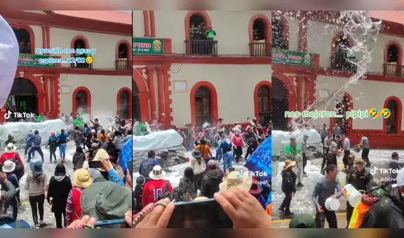 Policías y ciudadanos de Puno tienen divertido enfrentamiento por carnavales con agua y espuma