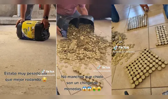 Pareja abre envase de sus ahorros tras 3 años de llenarlo solo con monedas y sorprende a usuarios