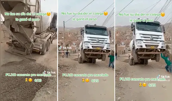 Camión mezclador se queda con las llantas arriba al no soportar el peso del cemento