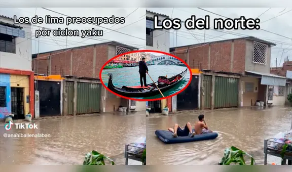 Jóvenes son vistos navegando en colchón inflable por aguas que dejaron las lluvias del ciclón Yaku