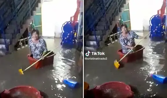 "Reír para no llorar": peruana se mete a una tina y navega en su vivienda inundada
