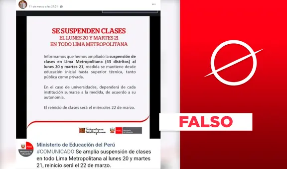 El Minedu no publicó un comunicado anunciando la suspensión de clases los días 20 y 21 de marzo de 2023