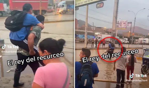 "El rey del recurseo": peruano carga en su espalda a transeúntes en medio de inundaciones