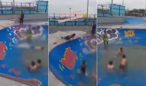 Peruanos usan skatepark como piscina tras inundaciones en Chimbote: “En Perú nadie se aburre”