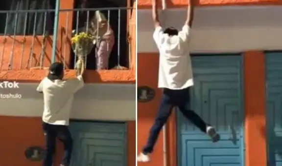 Se trepa del balcón para llevarle flores amarillas a su novia y todo le sale mal: “Eso es amor”