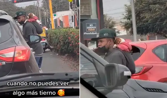 Carga a su perrito en la espalda mientras trabaja limpiando lunas de autos: “Amor incondicional”