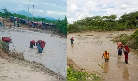 Piuranos se arriesgan y cruzan caudaloso río para rescatar cervezas, papas y otros productos