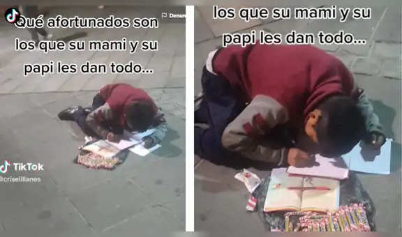 Niño vendedor de golosinas aprovecha alumbrado público para hacer sus tareas en plena calle