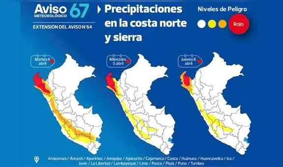 Se reporta lluvias con descargas eléctricas en la costa norte y sierra con umbral rojo de peligro