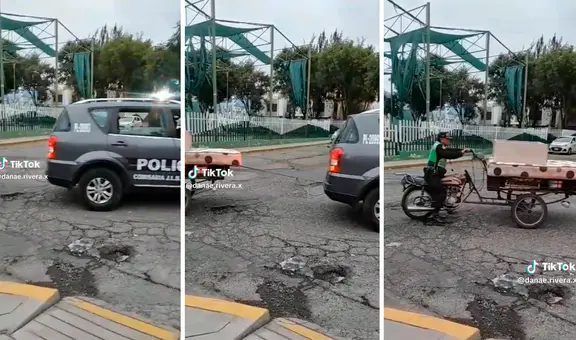 Patrullero 'jala' a triciclo conducido por policía y usuarios reaccionan: "Solo en Perú"