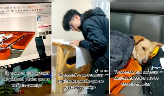 Joven trasnocha con su perrito por tareas universitarias y hace promesa: "Seremos arquitectos"