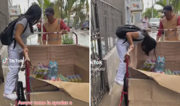 Peruano usa su carretilla para trasladar a joven en inundación y que no ensucie su uniforme