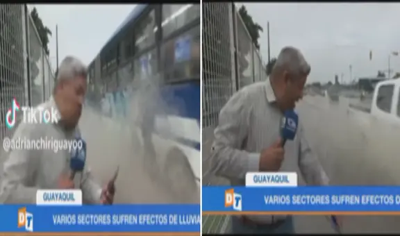Reportero hace transmisión de inundación y bus pasa a toda velocidad por su lado: “Se empapó de información”