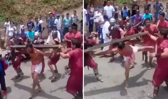 Hombre que interpretaba a Jesús en el vía crucis olvida su papel y se defiende de latigazos