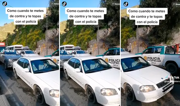 Quiso evitar larga fila de autos y adelantó por el carril contrario, pero se topó con camioneta de policías