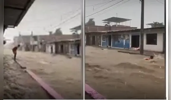 Niños arriesgan sus vidas bañándose en torrente caudaloso formado por intensas lluvias en Piura