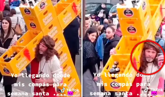 Hombre vestido de Jesús sorprende al cargar cruz hecha con cajas de cerveza: "Perdónalo, Dios"