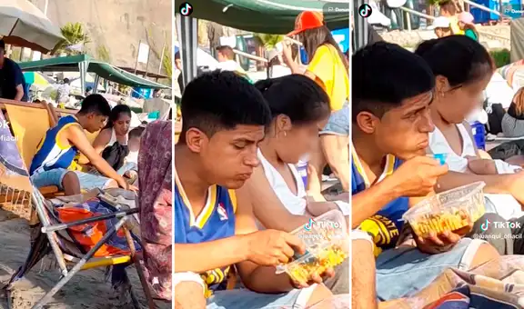 A falta de cuchara, utiliza una tarjeta de crédito de utensilio para comer sus alimentos en la playa