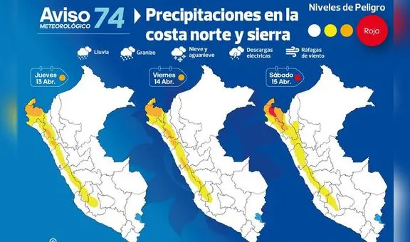 Senamhi alerta lluvias y granizo de extrema intensidad en la costa norte y sierra