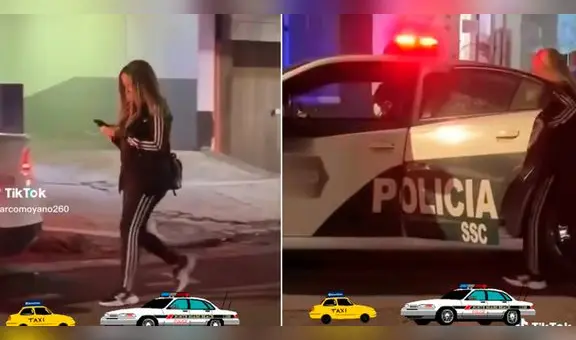 Mujer entra a carro de policía sin darse cuenta: “Todo por usar el celular”
