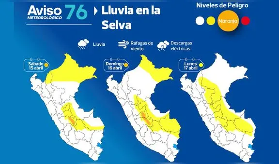 Senamhi advierte de lluvias acompañadas con fuertes ráfagas de viento en la selva