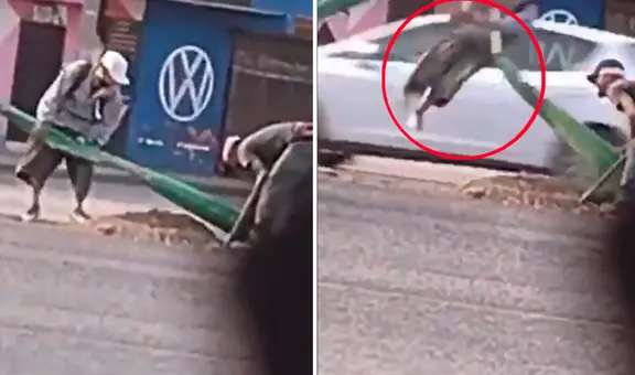 Momento en que ladrón sale disparado por los aires cuando robaba los cables de un poste