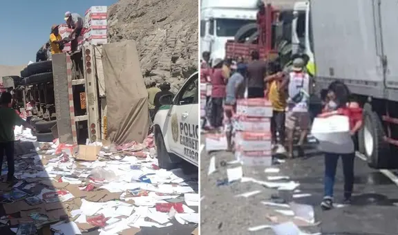 “¡No hay honradez!”: tráiler se volcó en carretera de Arequipa y personas saquearon mercadería