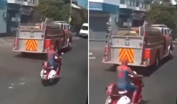 Spiderman es visto en una moto acompañando a un camión de bomberos: "Se la prestó Deadpool"