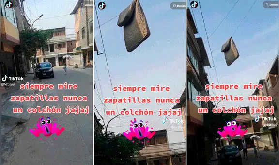 ¿No eran solo zapatillas? Vecinos captan un colchón colgado en un cable de luz