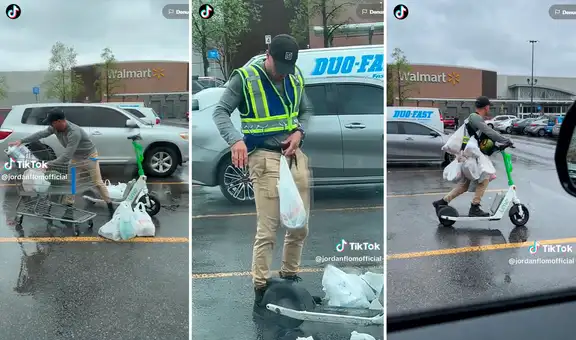 ¡Se ahorró el taxi! Utiliza un chaleco con arneses para colgar sus bolsas de compras y viaja en scooter