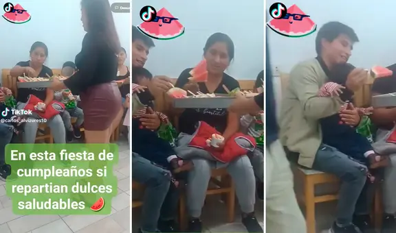 ¿Los dulces quedaron en el pasado? Hacen fiesta y se vuelven viral al repartir fruta en lugar  de caramelos