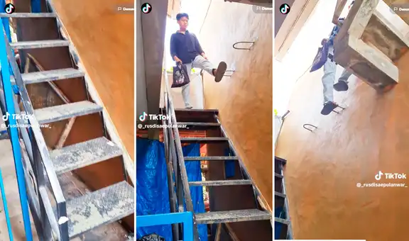 Hombre deja 'fríos' a usuarios al subir unas aterradoras escaleras construidas con fierros