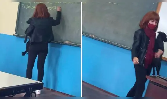 Profesora se hace viral al cargar y consolar a una perrita que había ingresado asustada a su clase