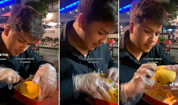 Joven iba a comer su hamburguesa, pero se le cae: "Lo bueno es que no se ensució las manos"