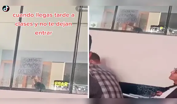 No los dejan entrar al aula por llegar tarde y escriben curiosa excusa en cartel: “Somos víctimas del tráfico”