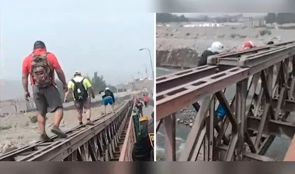 Ate: ciudadanos arriesgan su vida y cruzan puente cercano a la Ramiro Prialé sobre las barandas