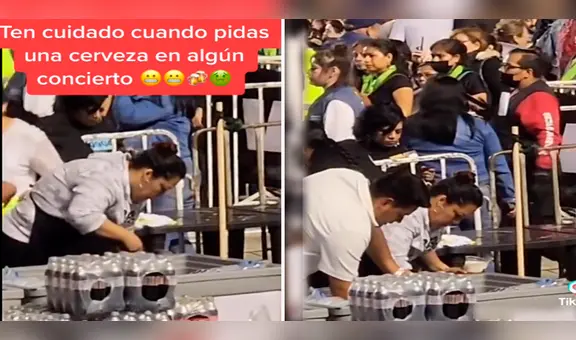 ¡Cuidado con lo que pides!: captan a vendedora llenando con sobras los vasos de cerveza en concierto